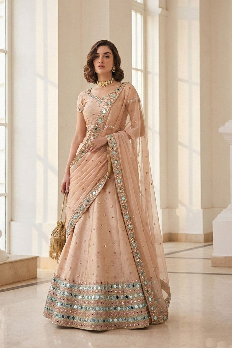 Elegant Peach Mirror & Embroidered Party Wear Lehenga Choli RTI