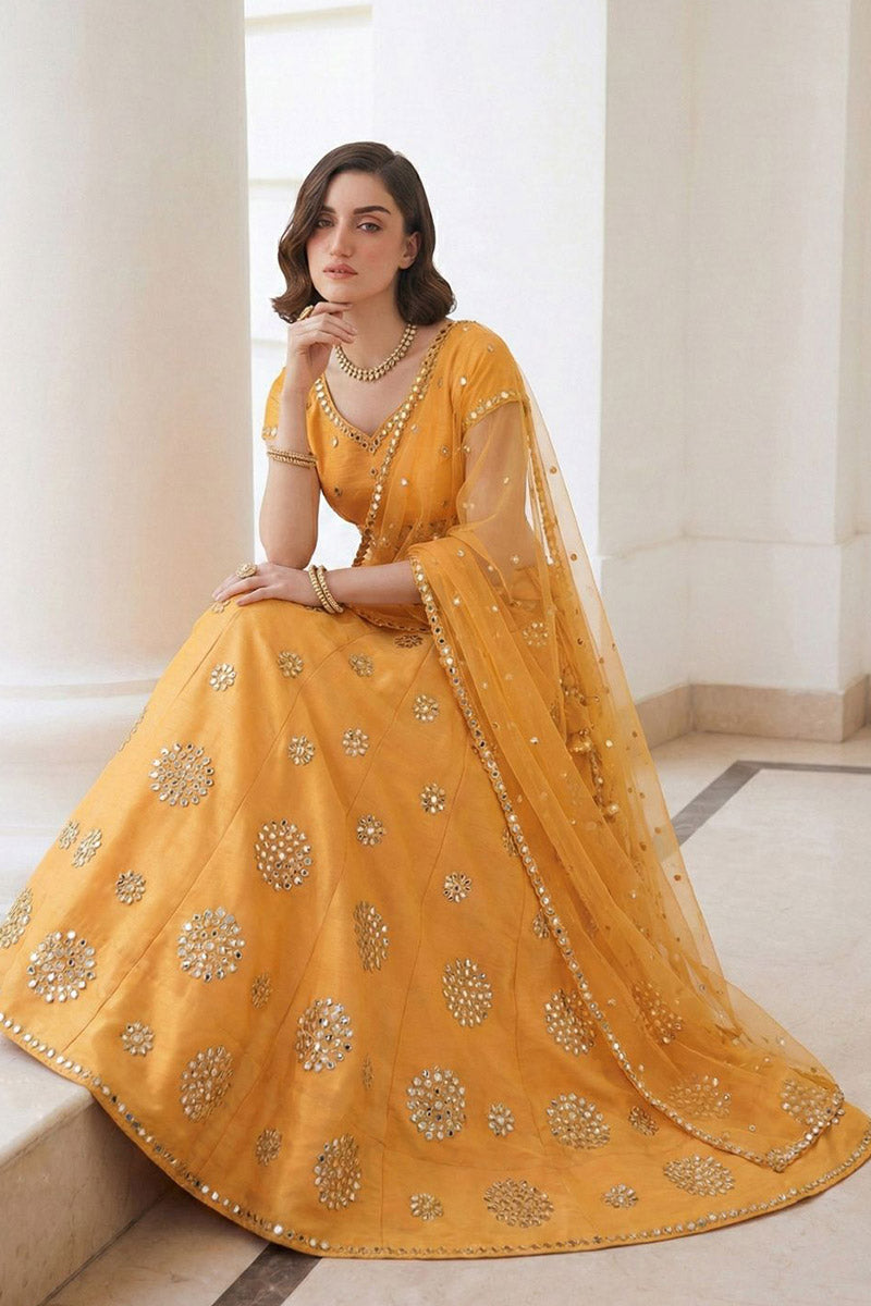 Mustard Mirror Work Lehenga Set – Bridal & Wedding Wear RTI