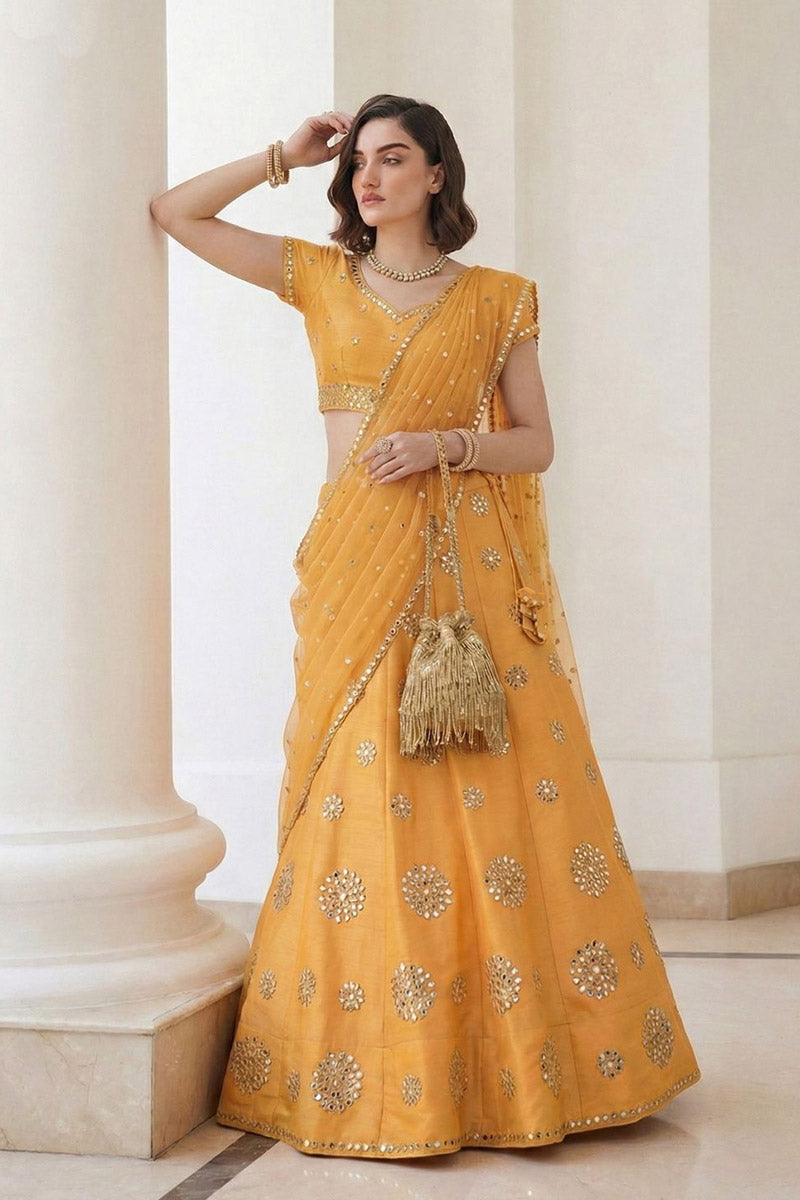 Mustard Mirror Work Lehenga Set – Bridal & Wedding Wear RTI
