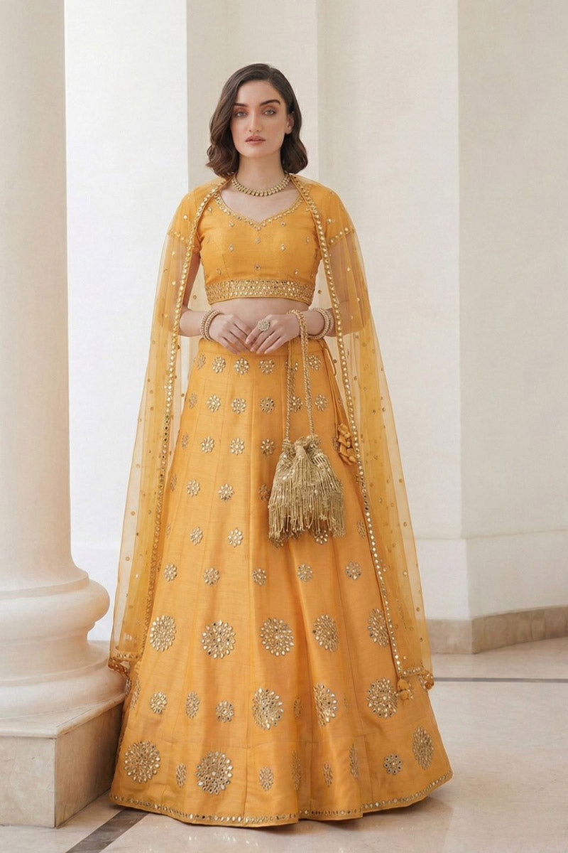 Mustard Mirror Work Lehenga Set – Bridal & Wedding Wear RTI