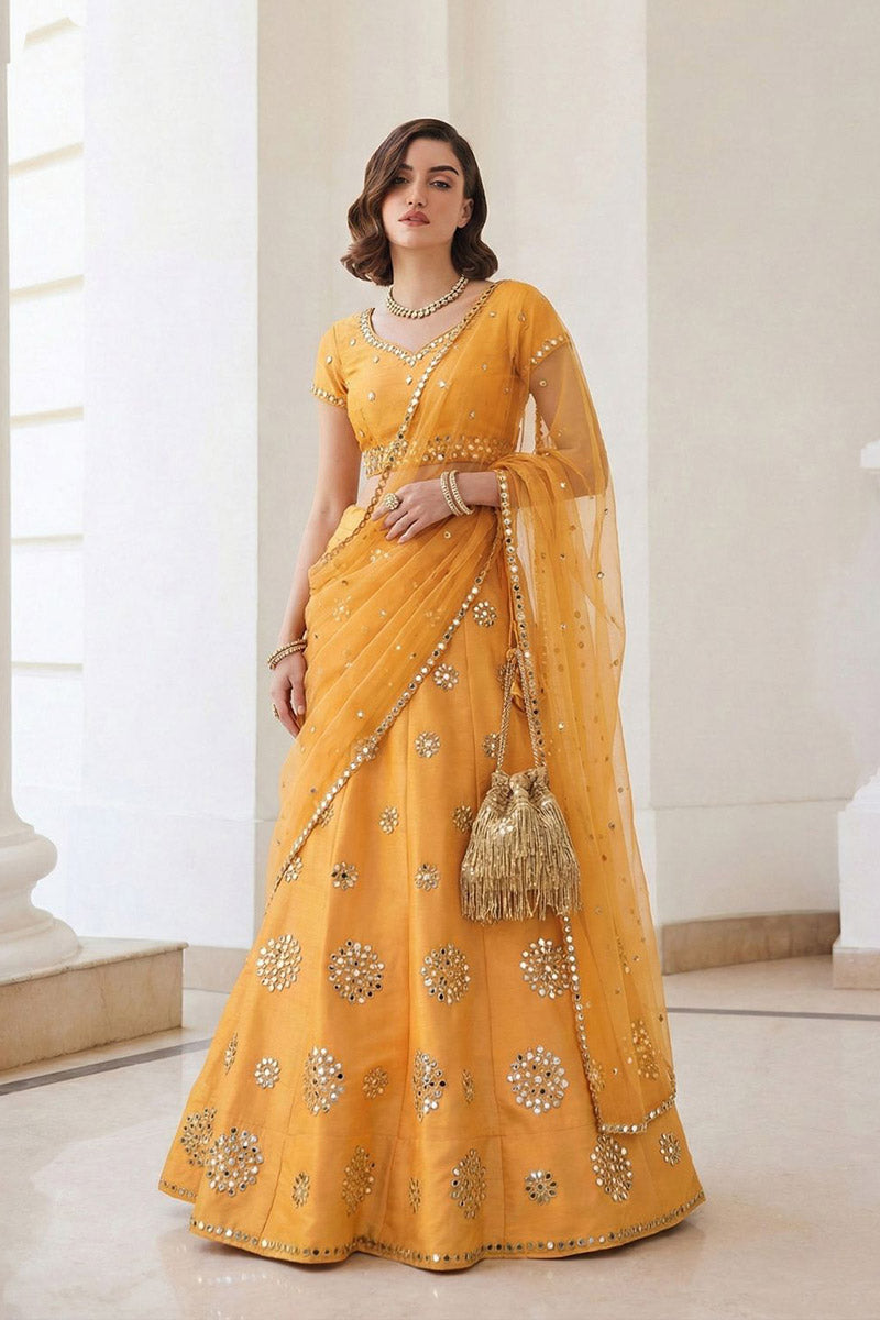Mustard Mirror Work Lehenga Set – Bridal & Wedding Wear RTI