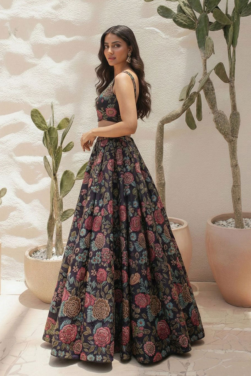 Black Floral Embroidered Bridal Lehenga with Sheer Dupatta RTI