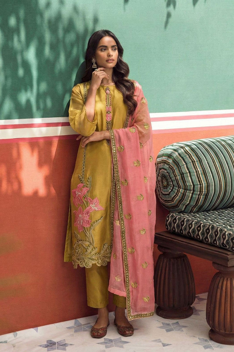 Mustard Embroidered Salwar Kameez with Pink Dupatta – Elegant Festive Wear RTI