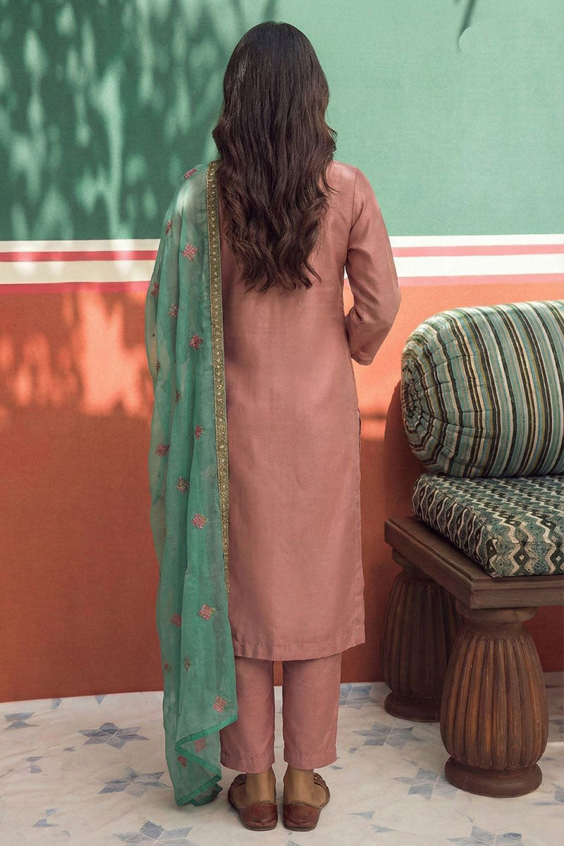 Pink Floral Embroidered Salwar Kameez Set with Blue Dupatta RTI