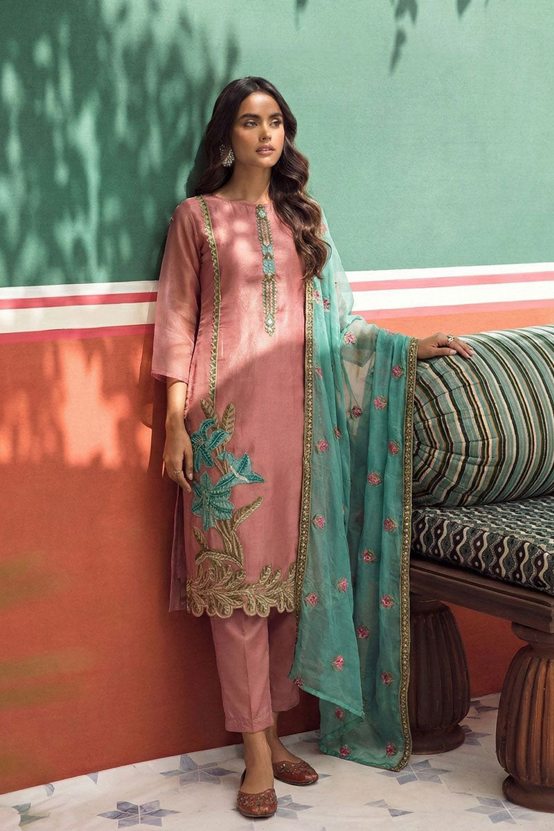 Pink Floral Embroidered Salwar Kameez Set with Blue Dupatta RTI