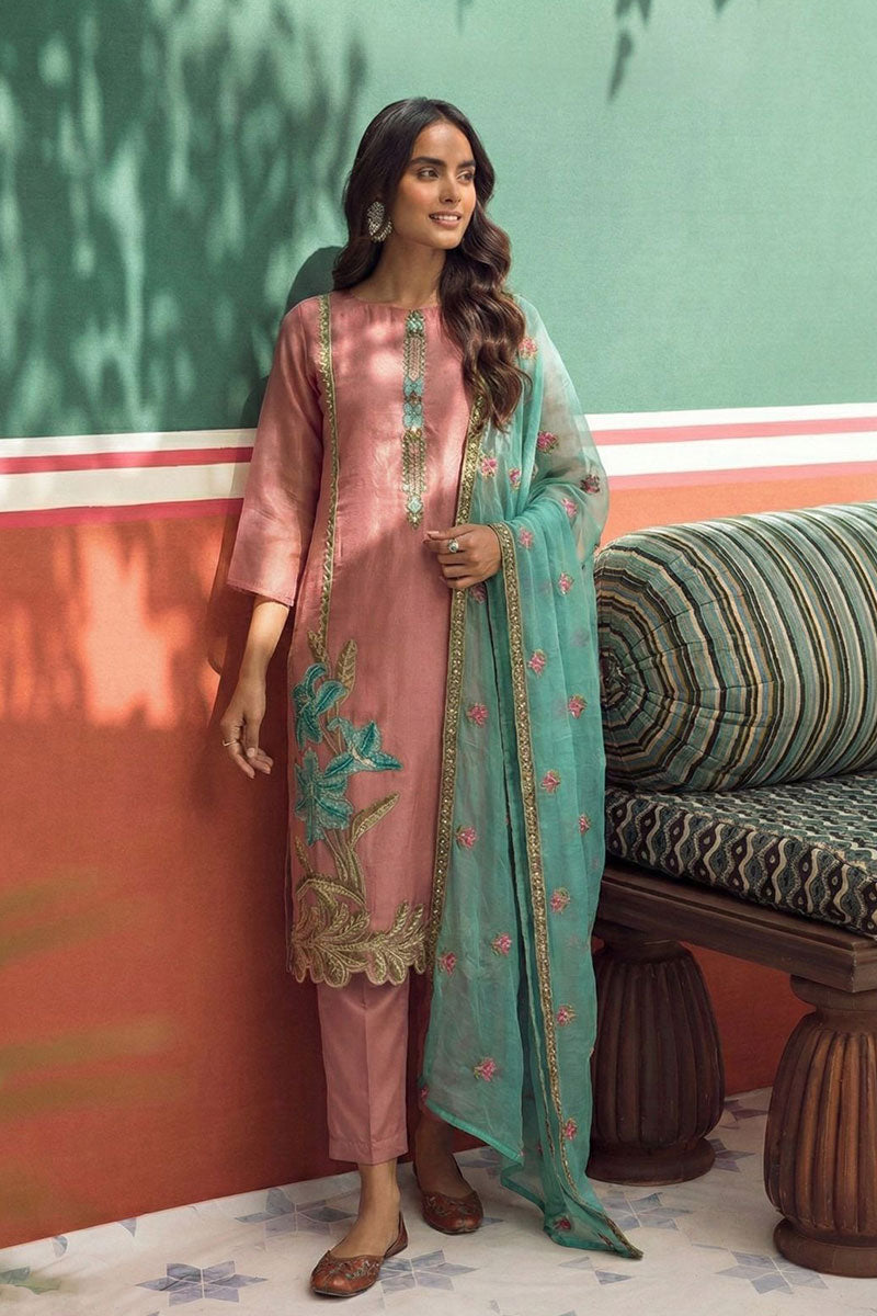 Pink Floral Embroidered Salwar Kameez Set with Blue Dupatta RTI