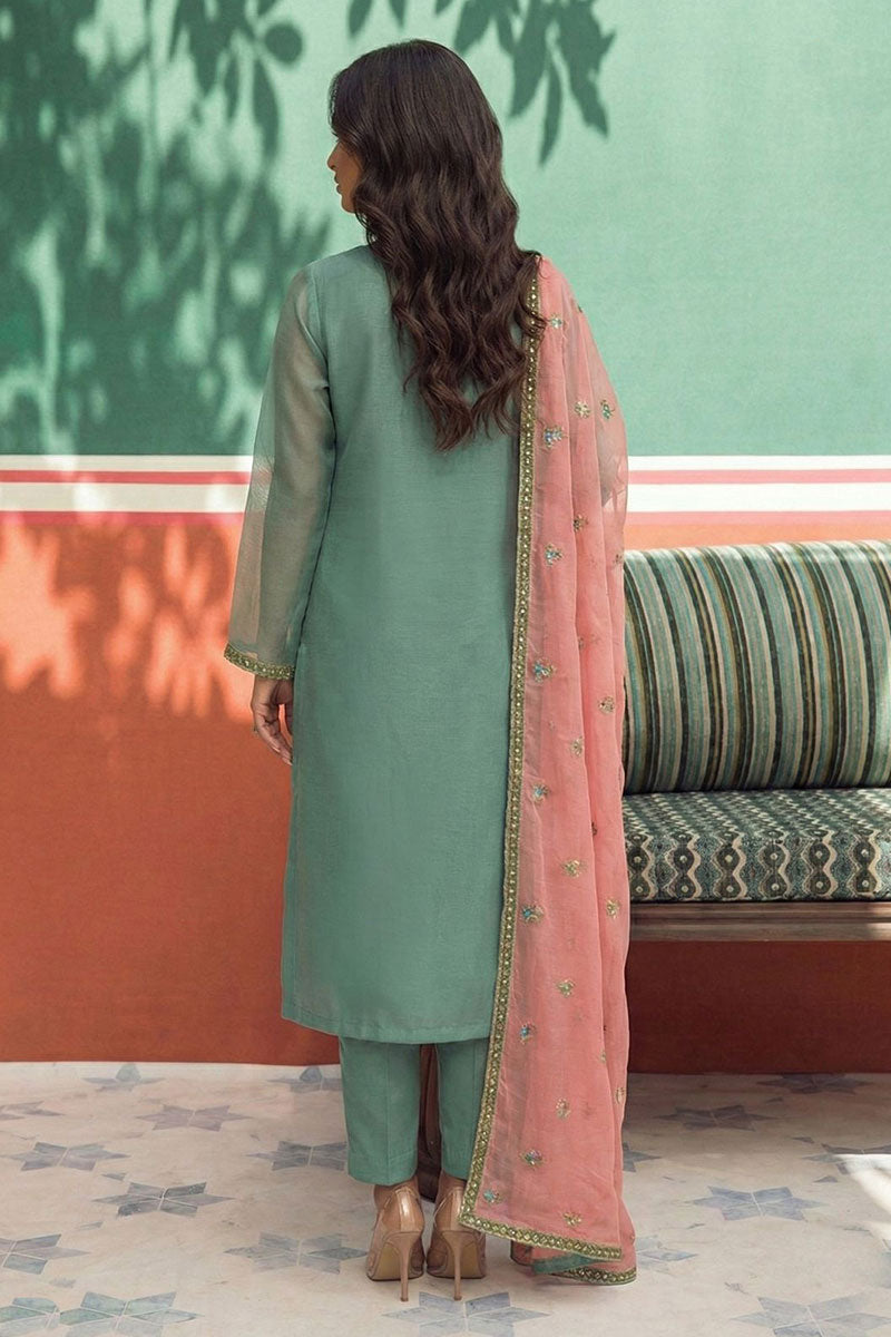 Elegant Blue Embroidered 3-Piece Suit with Contrast Pink Dupatta RTI