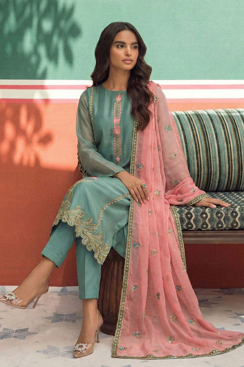 Elegant Blue Embroidered 3-Piece Suit with Contrast Pink Dupatta RTI