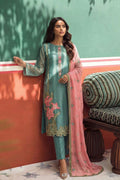 Elegant Blue Embroidered 3-Piece Suit with Contrast Pink Dupatta RTI