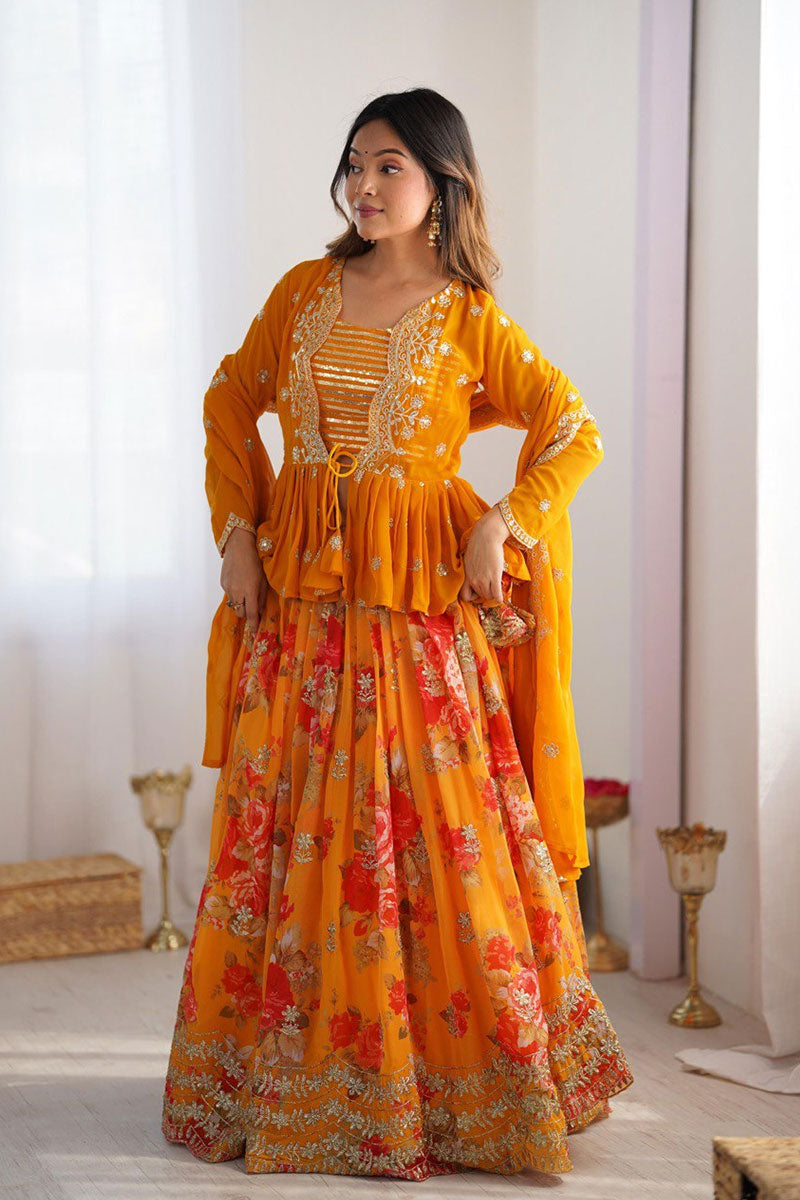 Sunset Blossom Embroidered Floral Lehenga Set – Premium Ethnic Occasion Wear RTI