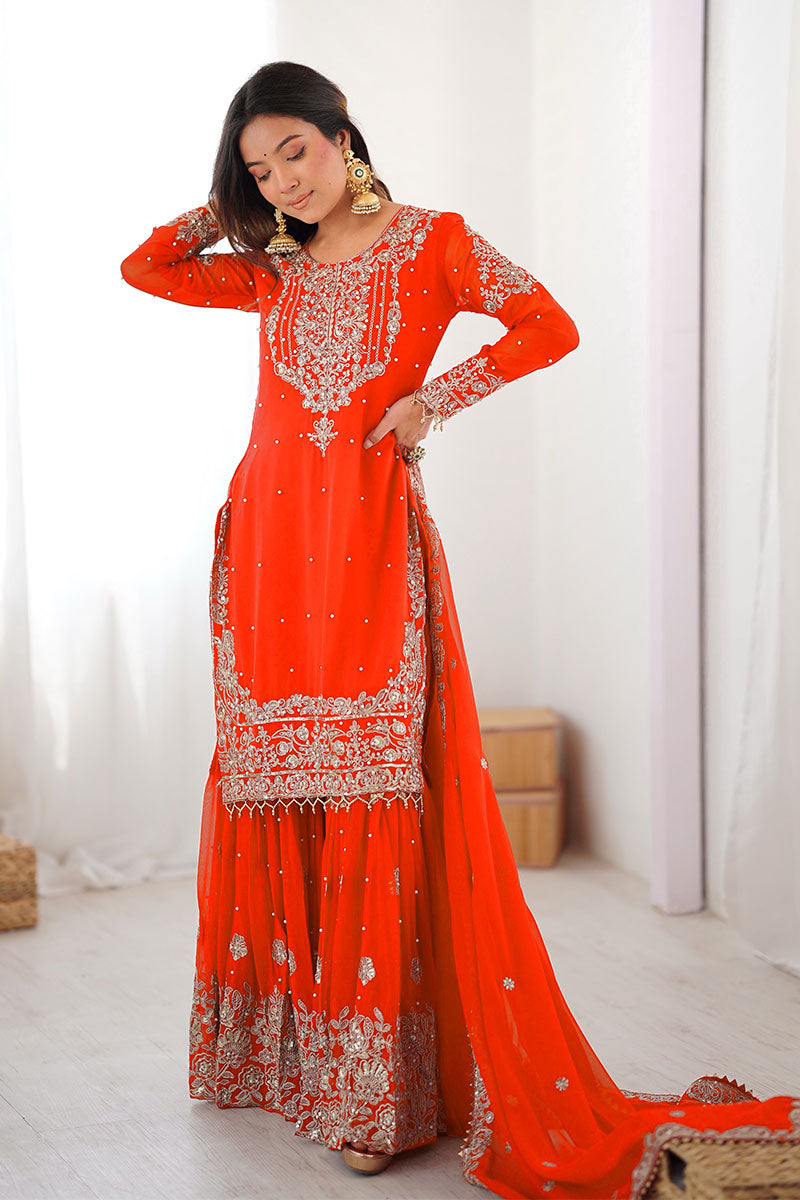 Embroidered Orange Ethnic Sharara Set – Party & Festive Wear RTI