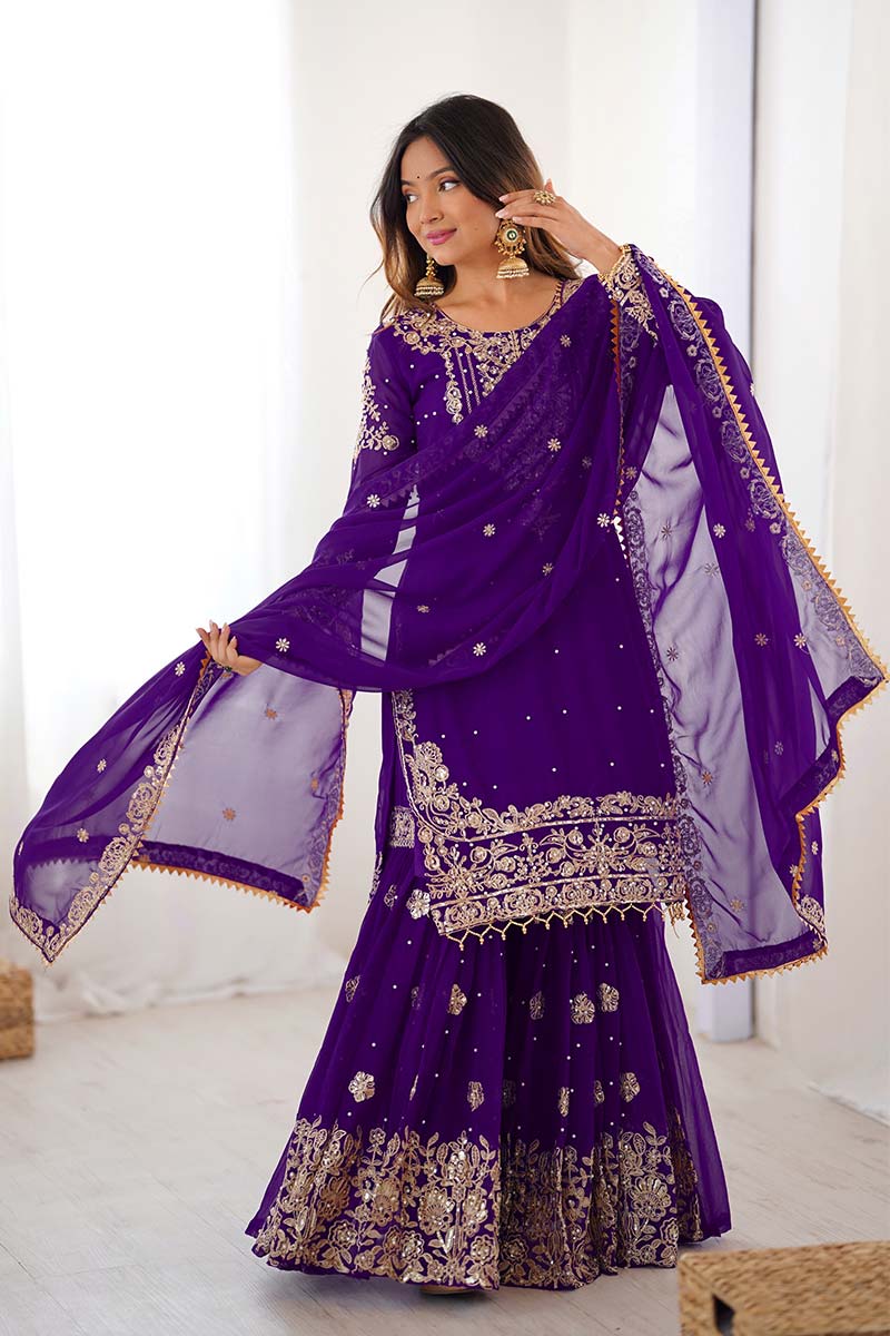 Purple Embroidered Ethnic Sharara Suit– Wedding & party Wear RTI