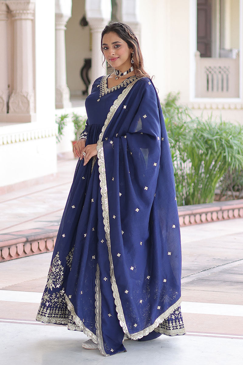 Navy Blue Embroidered Anarkali Dress with Dupatta – Festive & Wedding Wear RTI