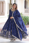Navy Blue Embroidered Anarkali Dress with Dupatta – Festive & Wedding Wear RTI