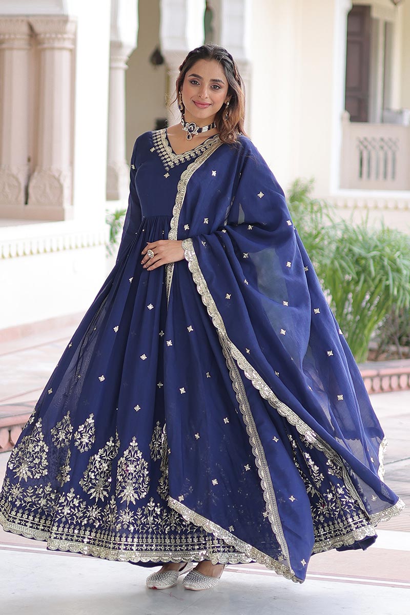Navy Blue Embroidered Anarkali Dress with Dupatta – Festive & Wedding Wear RTI