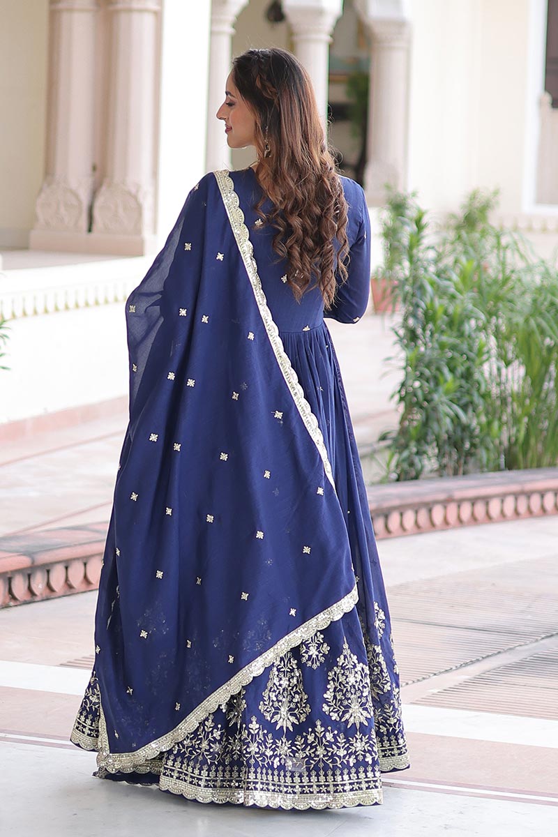 Navy Blue Embroidered Anarkali Dress with Dupatta – Festive & Wedding Wear RTI