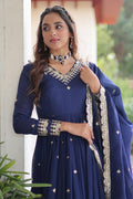 Navy Blue Embroidered Anarkali Dress with Dupatta – Festive & Wedding Wear RTI