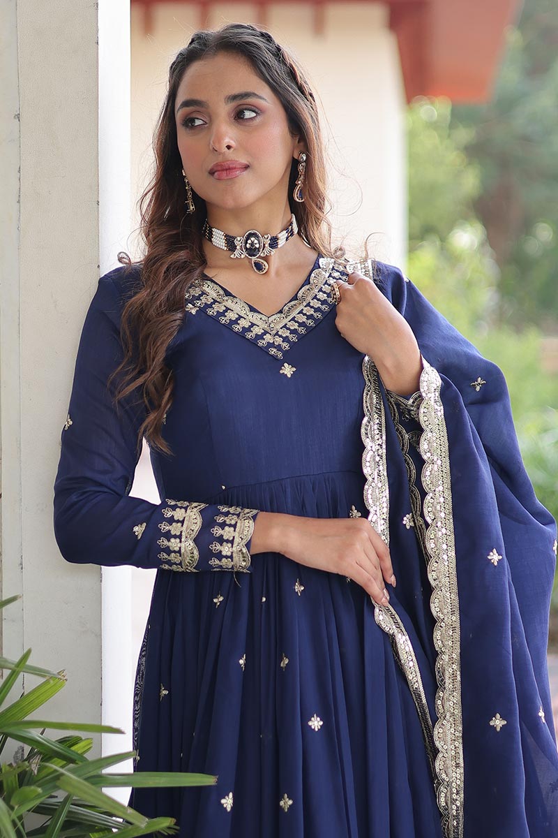 Navy Blue Embroidered Anarkali Dress with Dupatta – Festive & Wedding Wear RTI