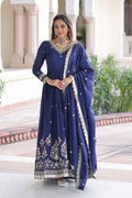 Navy Blue Embroidered Anarkali Dress with Dupatta – Festive & Wedding Wear RTI