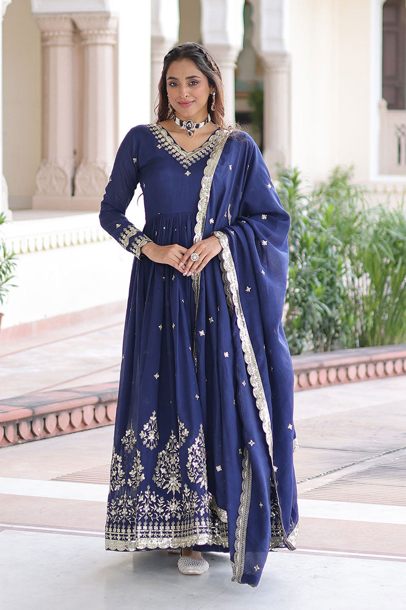 Navy Blue Embroidered Anarkali Dress with Dupatta – Festive & Wedding Wear RTI