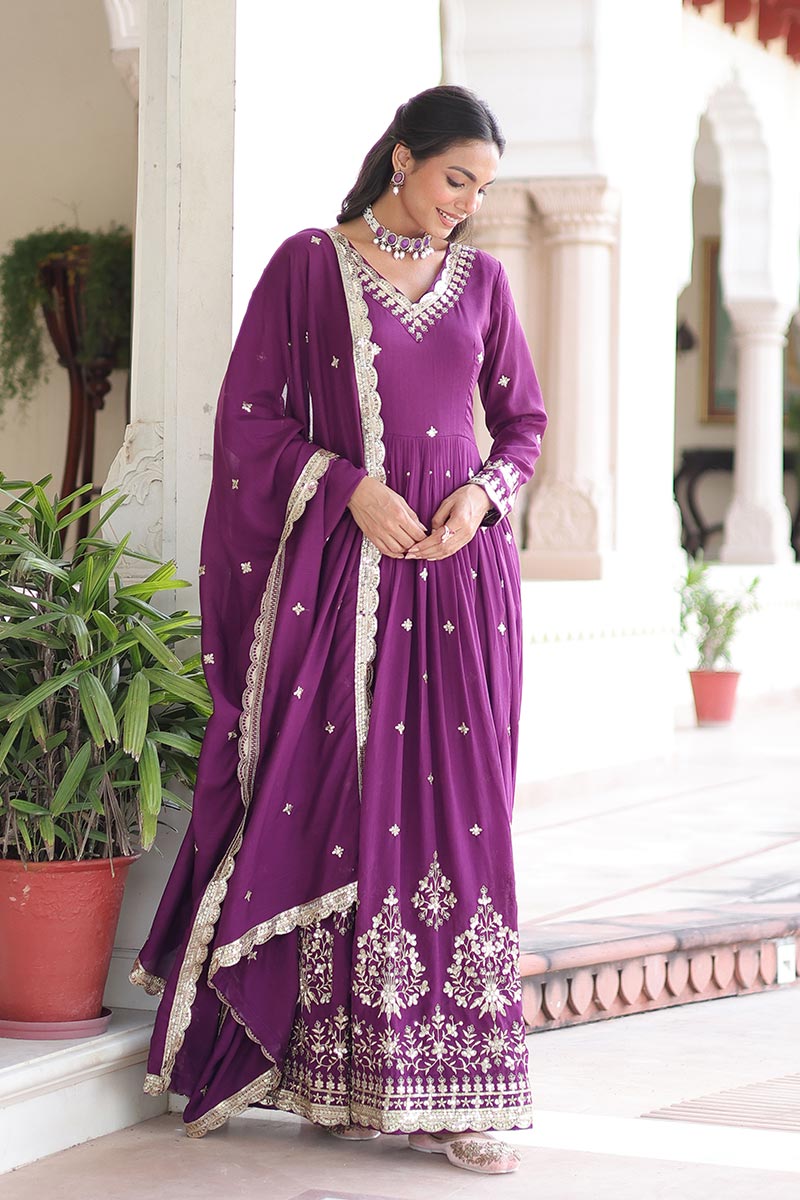 Purple Sequins Embroidered Gown with Dupatta – Party Wear RTI