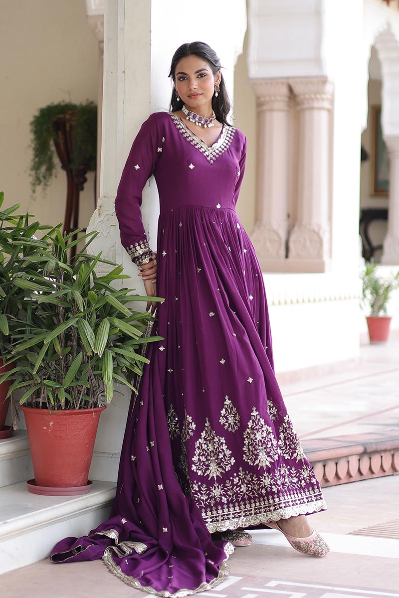 Purple Sequins Embroidered Gown with Dupatta – Party Wear RTI