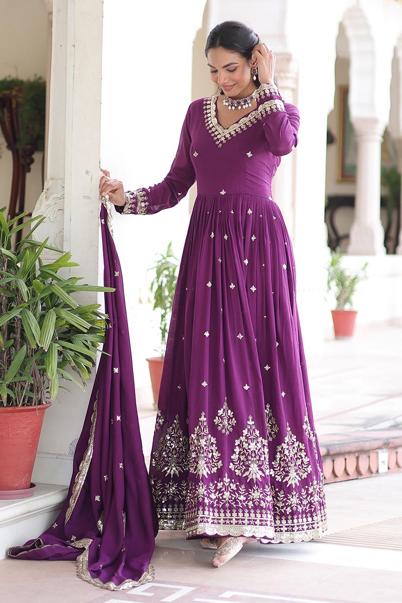 Purple Sequins Embroidered Gown with Dupatta – Party Wear RTI