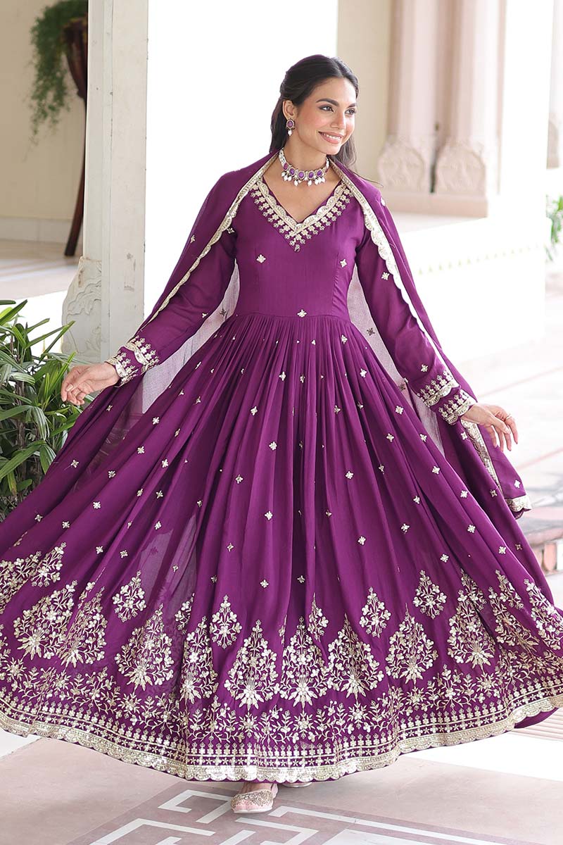Purple Sequins Embroidered Gown with Dupatta – Party Wear RTI