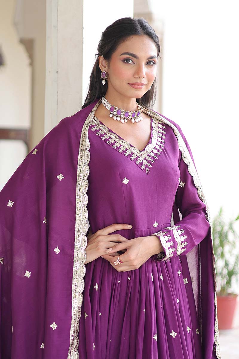 Purple Sequins Embroidered Gown with Dupatta – Party Wear RTI