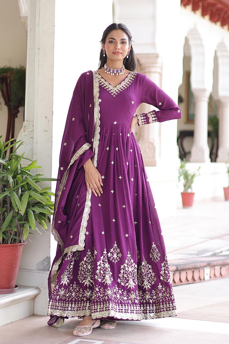 Purple Sequins Embroidered Gown with Dupatta – Party Wear RTI