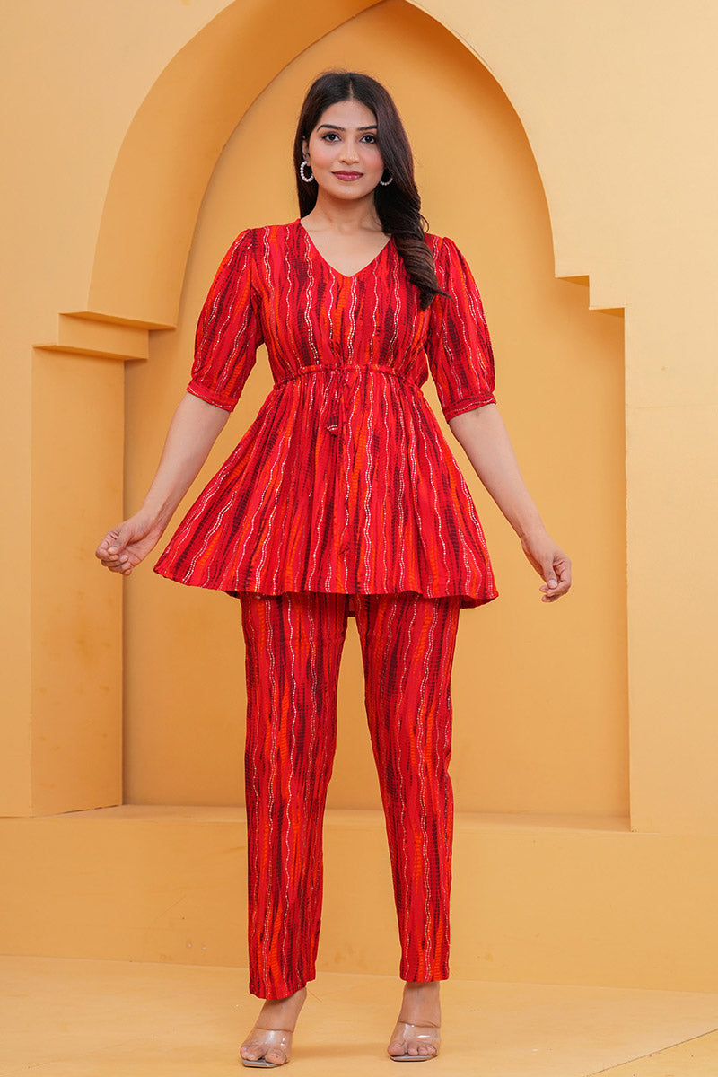 Red Printed Kurti & Pant Co-Ord Set | Casual & Festive Wear RTI