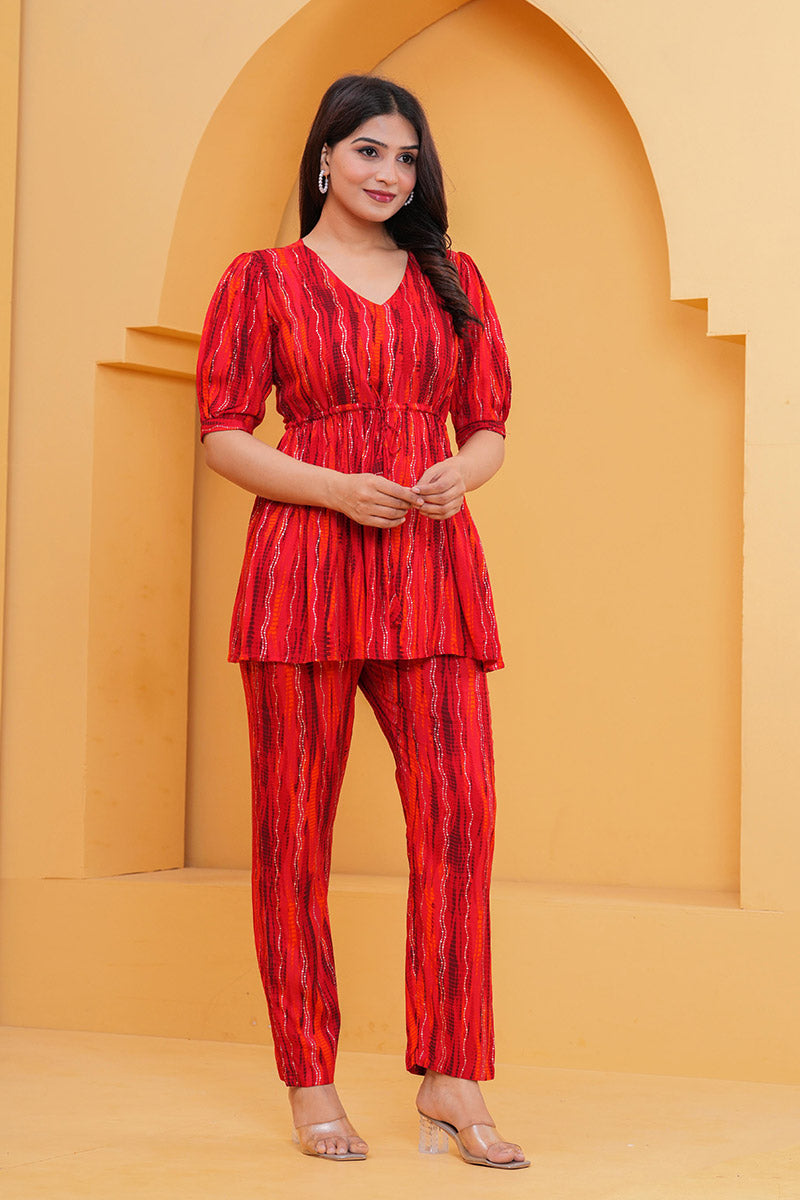 Red Printed Kurti & Pant Co-Ord Set | Casual & Festive Wear RTI