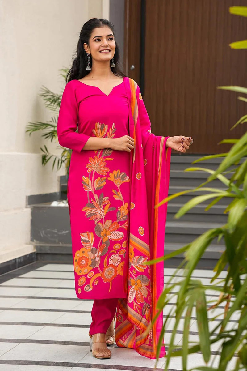 Pink Floral Printed Ethnic Kurta Set with Dupatta – Elegant Women’s Outfit RTI