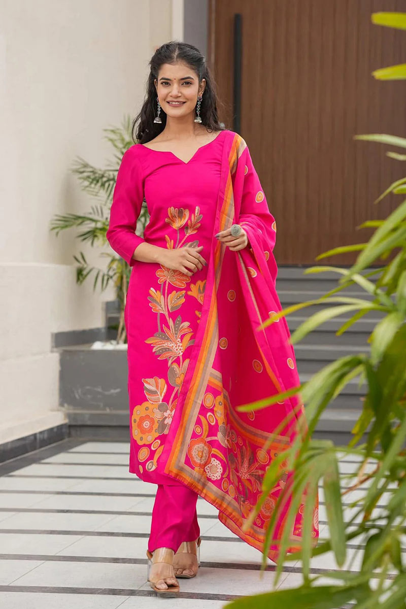 Pink Floral Printed Ethnic Kurta Set with Dupatta – Elegant Women’s Outfit RTI
