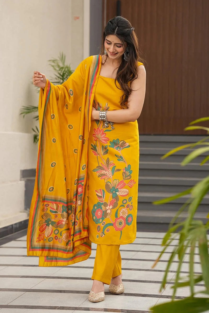Yellow Floral Printed Ethnic Salwar Set with Dupatta – Festive wear RTI