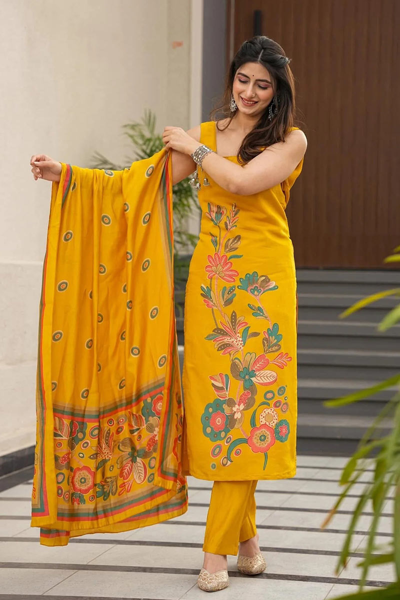 Yellow Floral Printed Ethnic Salwar Set with Dupatta – Festive wear RTI