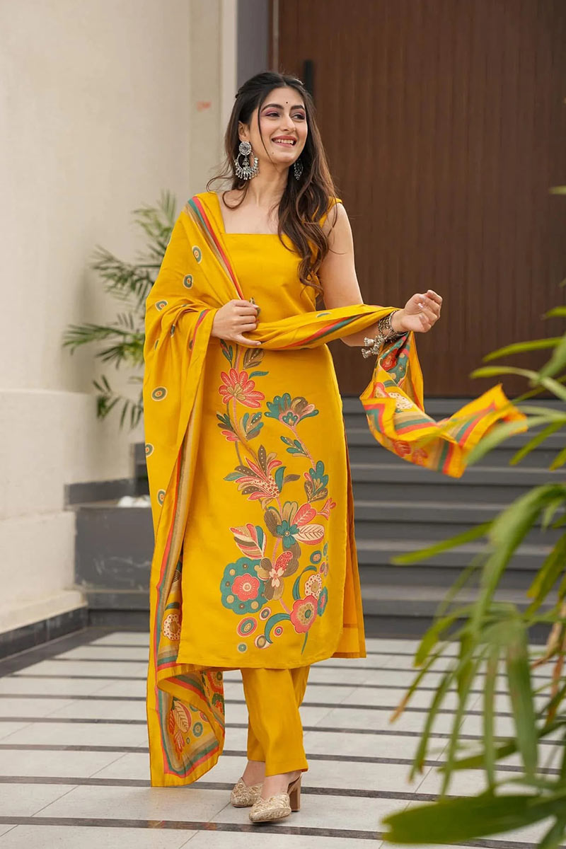 Yellow Floral Printed Ethnic Salwar Set with Dupatta – Festive wear RTI