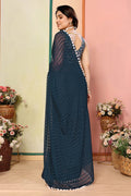 Teal Party Wear Georgette Saree with Pom-Pom Border RTI