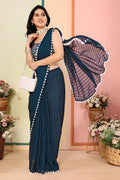 Teal Party Wear Georgette Saree with Pom-Pom Border RTI
