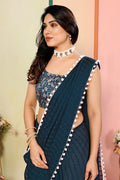 Teal Party Wear Georgette Saree with Pom-Pom Border RTI