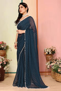 Teal Party Wear Georgette Saree with Pom-Pom Border RTI