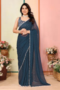 Teal Party Wear Georgette Saree with Pom-Pom Border RTI