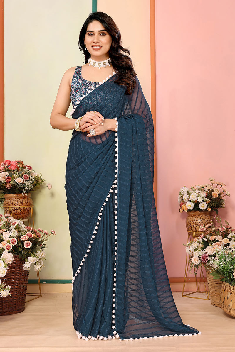 Teal Party Wear Georgette Saree with Pom-Pom Border RTI