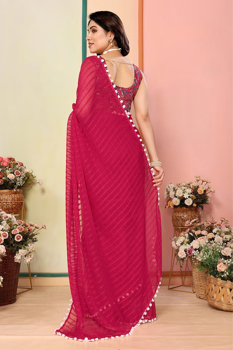 Pink Pom-Pom Border Saree – Perfect for Festive & Party Wear RTI