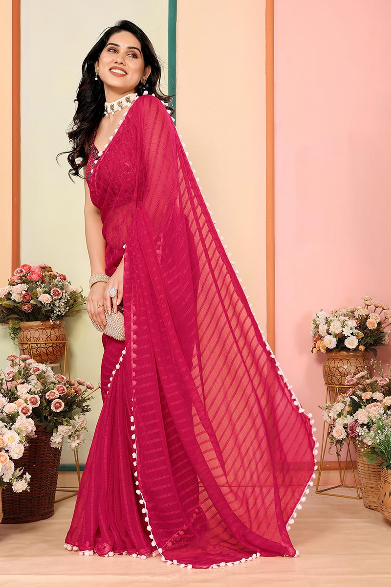 Pink Pom-Pom Border Saree – Perfect for Festive & Party Wear RTI