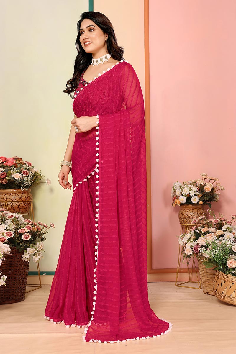 Pink Pom-Pom Border Saree – Perfect for Festive & Party Wear RTI