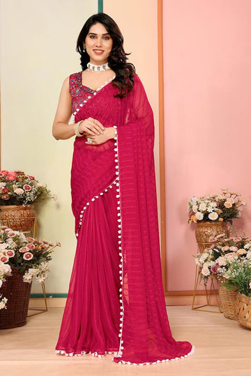Pink Pom-Pom Border Saree – Perfect for Festive & Party Wear RTI