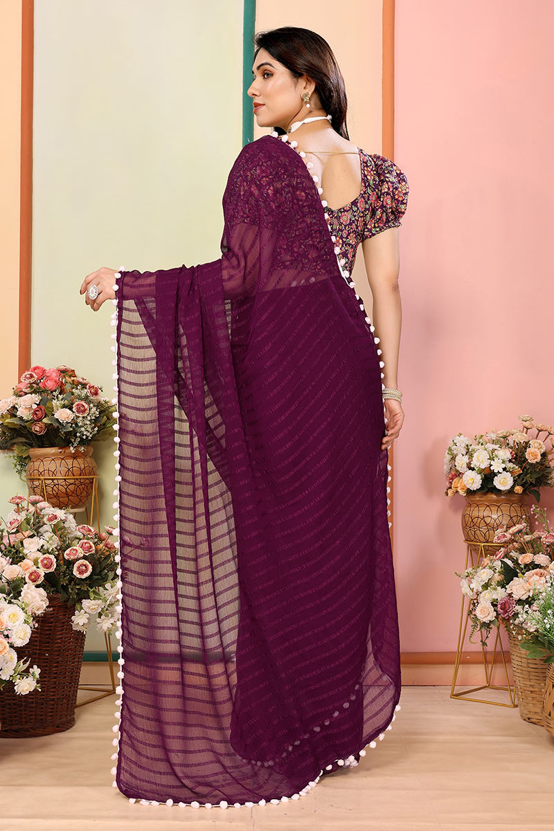 Wine Georgette Saree with Pom-Pom Border | Floral Blouse RTI