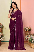 Wine Georgette Saree with Pom-Pom Border | Floral Blouse RTI