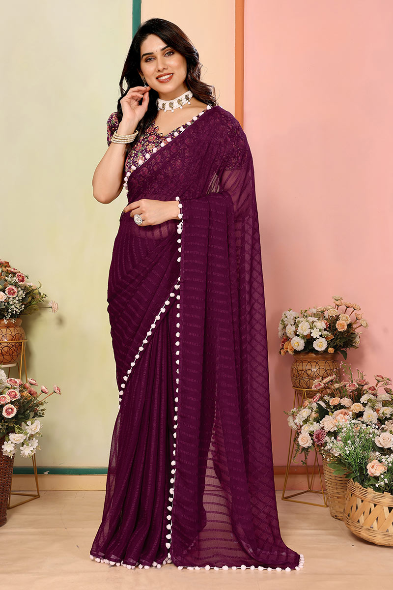 Wine Georgette Saree with Pom-Pom Border | Floral Blouse RTI